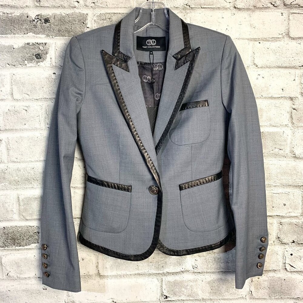 Tart Collections Wool Blend Lamb Leather Trim Fitted Blazer Jacket New
